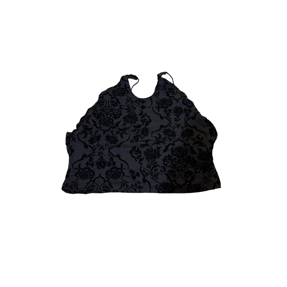 Flocked Floral Mesh Halter Crop Top Open Back Black Shein Size L